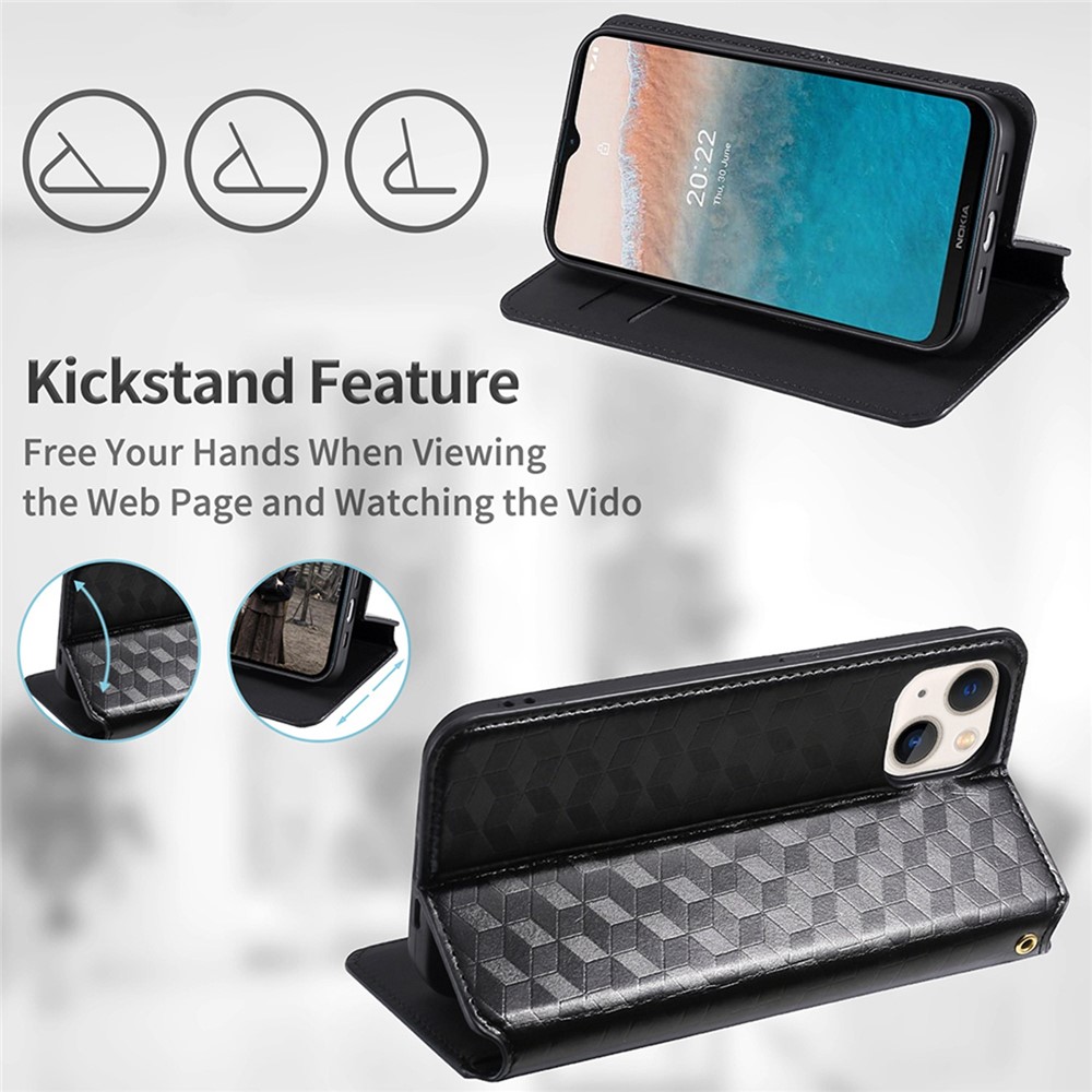 Rhombus Pattern Imprinted Stand Case for Nokia C21 Plus, PU Leather + TPU Wallet Magnetic Absorption Phone Cover - Black-5