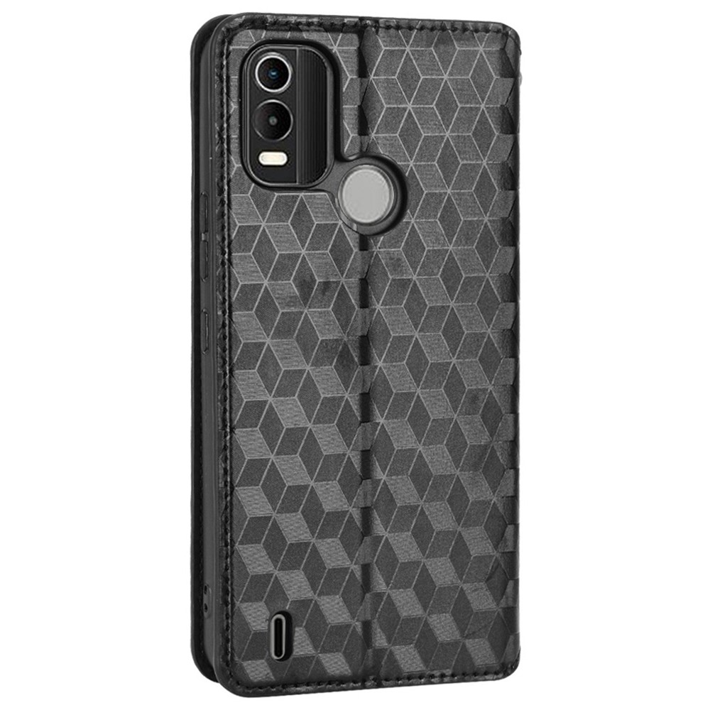 Rhombus Pattern Imprinted Stand Case for Nokia C21 Plus, PU Leather + TPU Wallet Magnetic Absorption Phone Cover - Black-9