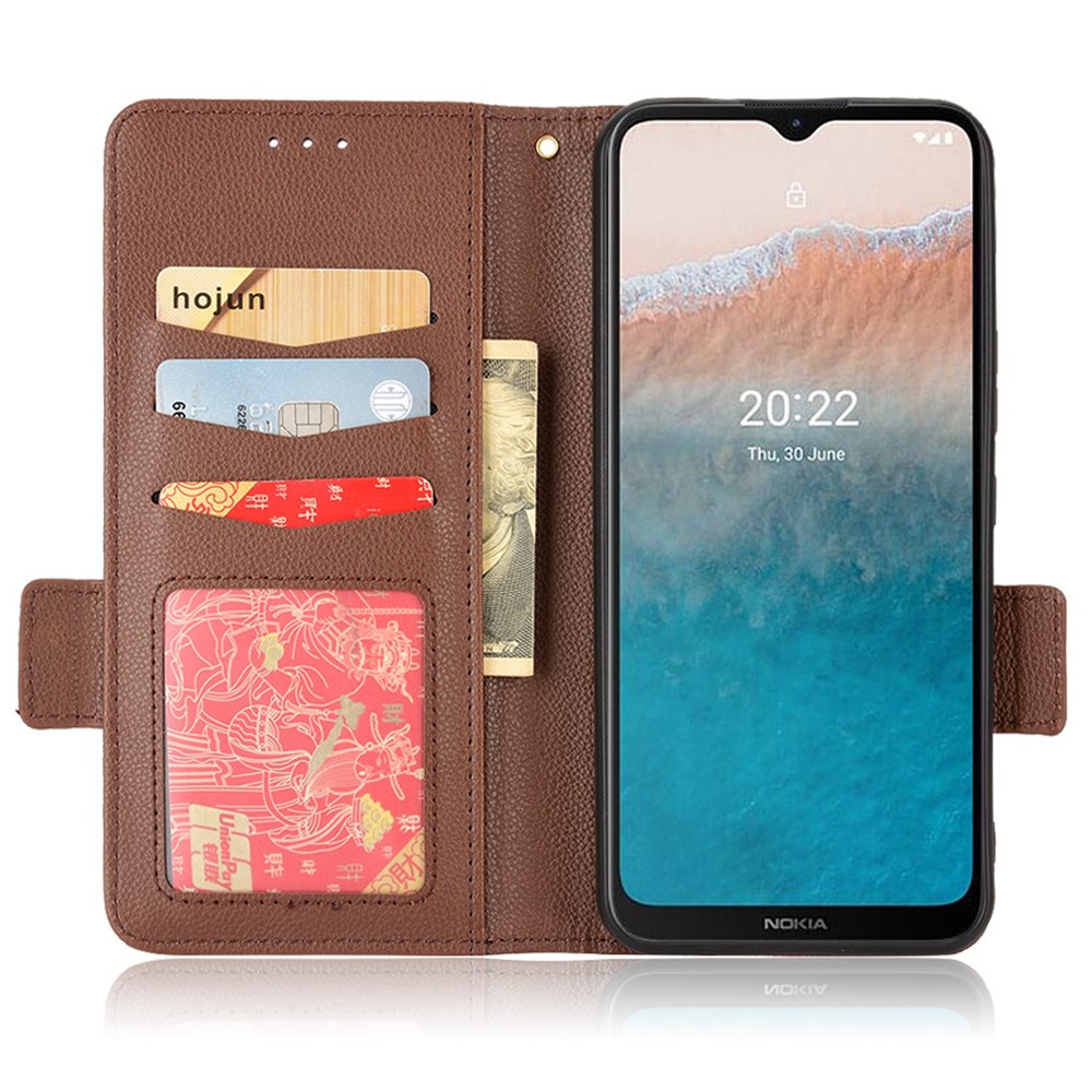 Litchi Texture Magnetic Clasp Phone Case for Nokia C21 Plus, PU Leather Stand Wallet Cover - Brown-2