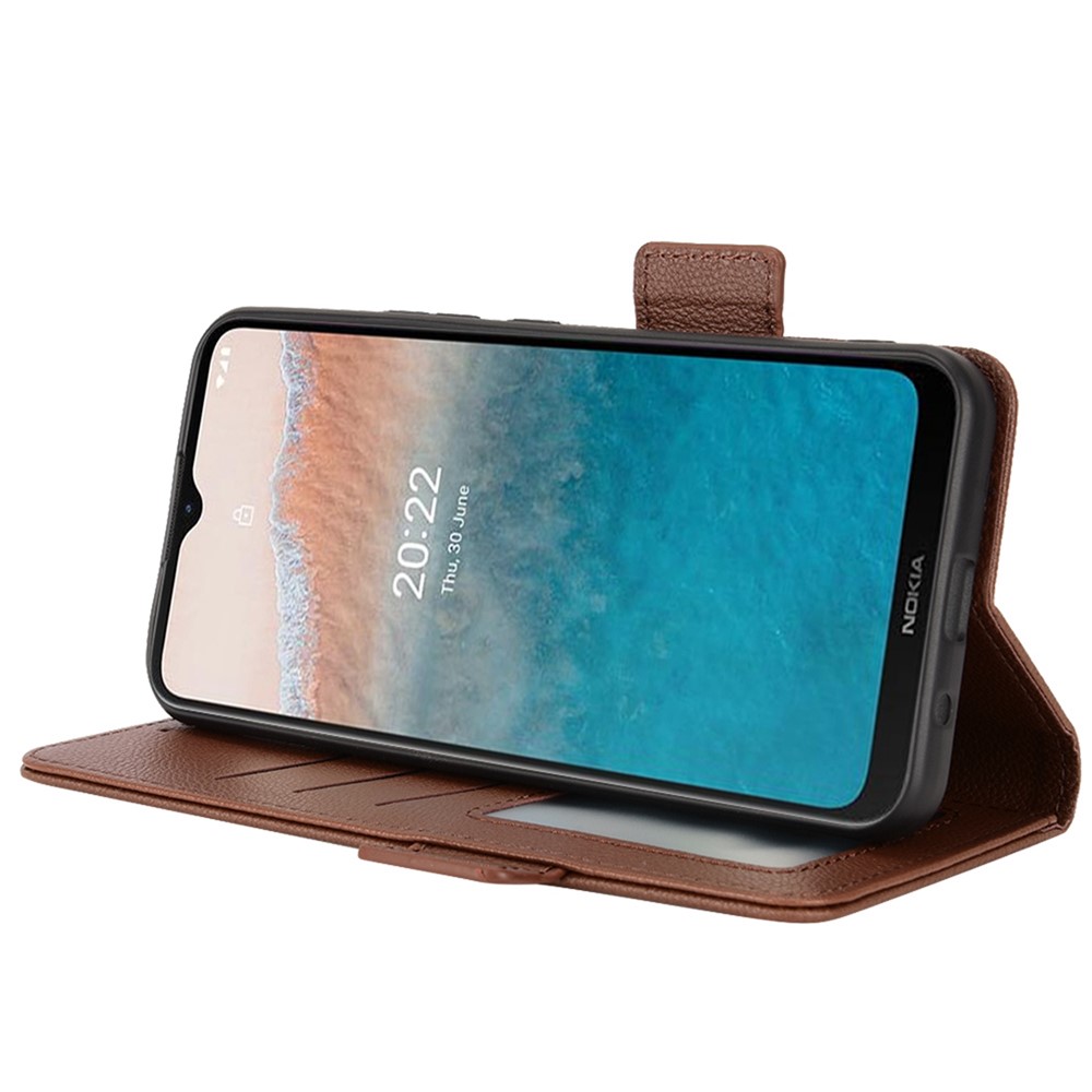 Litchi Texture Magnetic Clasp Phone Case for Nokia C21 Plus, PU Leather Stand Wallet Cover - Brown-3