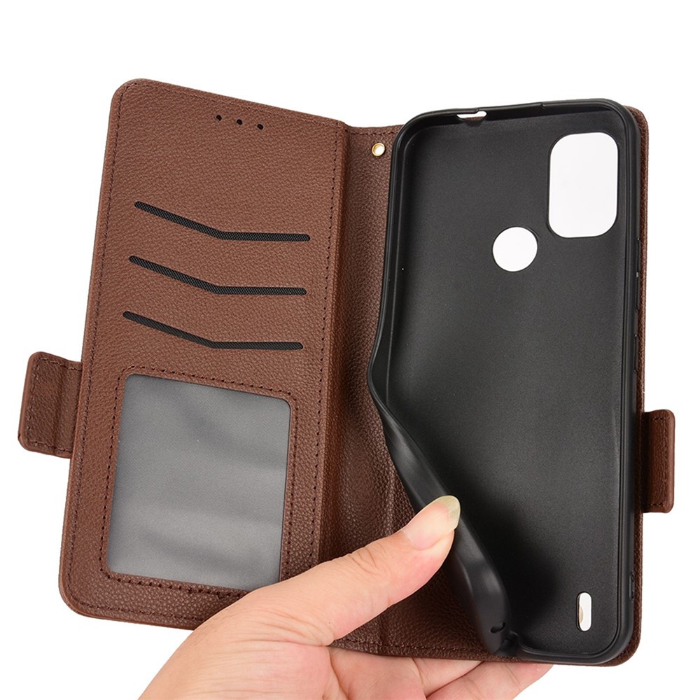 Litchi Texture Magnetic Clasp Phone Case for Nokia C21 Plus, PU Leather Stand Wallet Cover - Brown-6