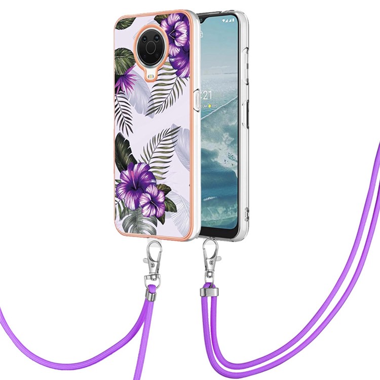 YB IMD Series-4 for Nokia G20/G10 Marble Style TPU Phone Case with Lanyard Electroplating IMD IML Protective Cover - Purple Flowers-1