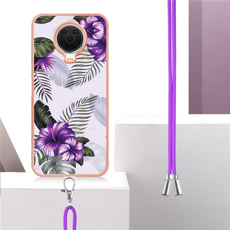 YB IMD Series-4 for Nokia G20/G10 Marble Style TPU Phone Case with Lanyard Electroplating IMD IML Protective Cover - Purple Flowers-3