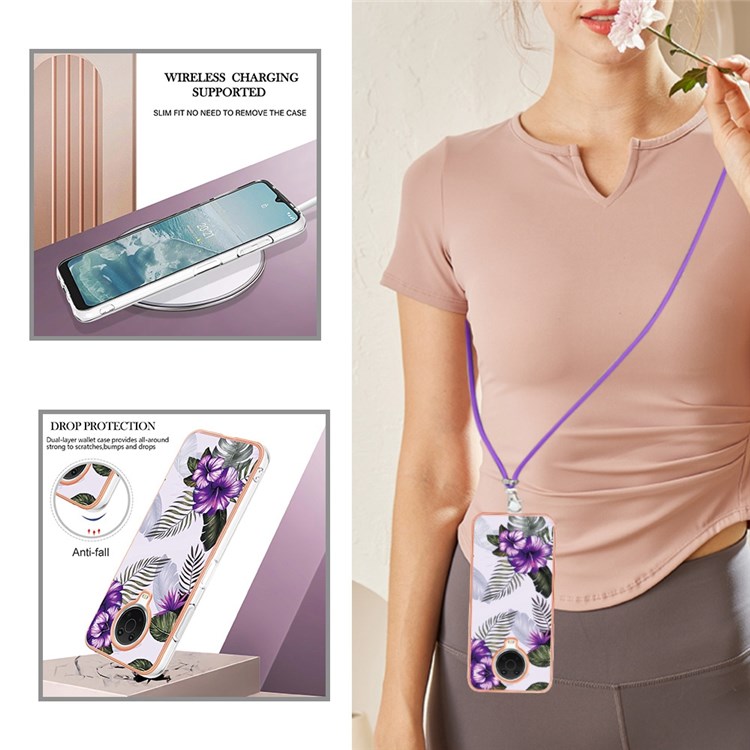 YB IMD Series-4 for Nokia G20/G10 Marble Style TPU Phone Case with Lanyard Electroplating IMD IML Protective Cover - Purple Flowers-4