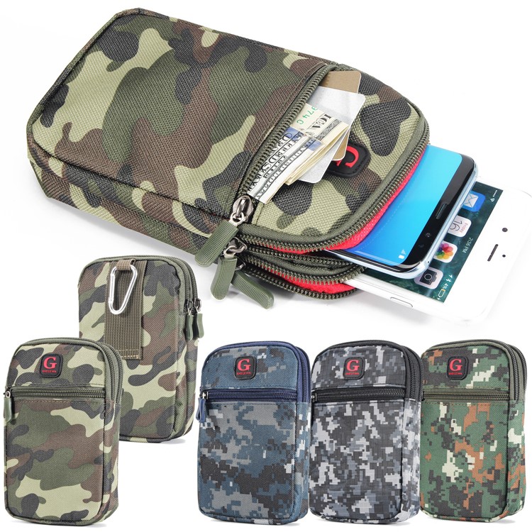Camouflage Pattern Outdoor Waist Pouch + Carabiner for iPhone X/XS 5.8/8/8 Plus, Inner Size: 16 x 9.5cm - Green + Brown-6