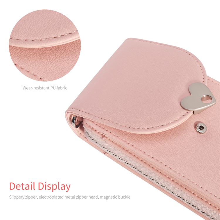 MUSUBO Heart Shape Magnetic Buckle Universal PU Leather Wallet Pouch, Size: 19 x 11cm - Light Pink-9