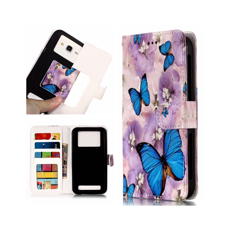 Borboletas Azuis E Flor - Estampado Em Relevo Carteira De Couro Universal Phone Case Para Iphone 8 Plus / Galaxy J7 (2018)-1