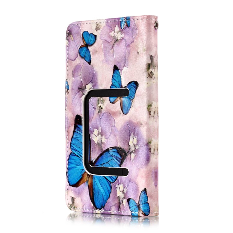 Borboletas Azuis E Flor - Estampado Em Relevo Carteira De Couro Universal Phone Case Para Iphone 8 Plus / Galaxy J7 (2018)-10