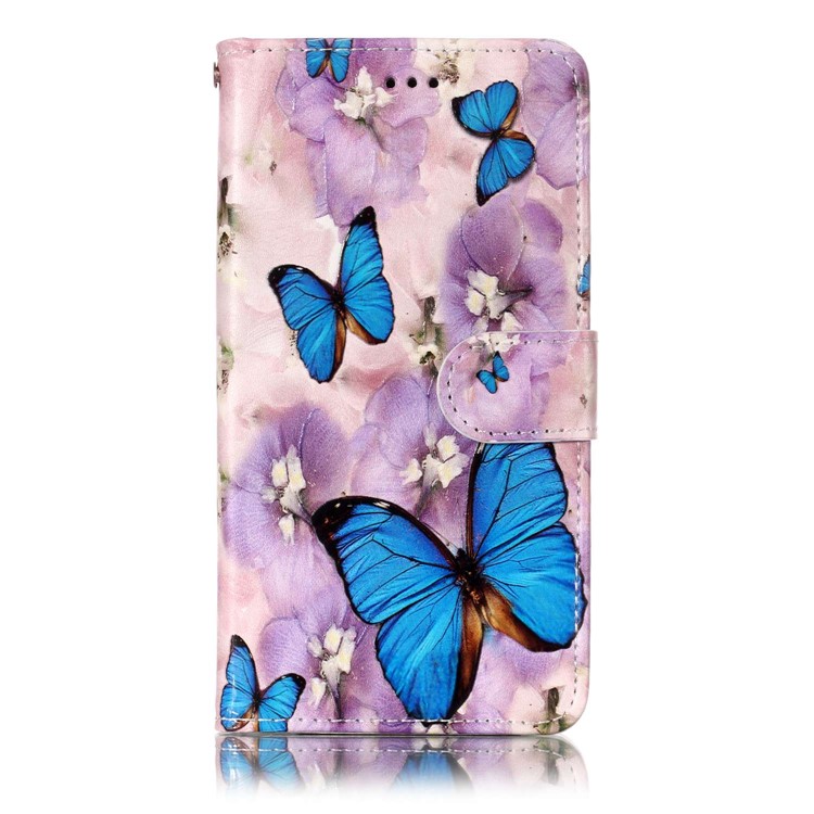 Borboletas Azuis E Flor - Estampado Em Relevo Carteira De Couro Universal Phone Case Para Iphone 8 Plus / Galaxy J7 (2018)-6