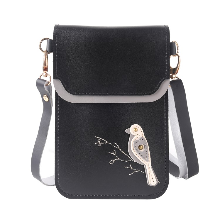 Bolso Universal De La Cartera De La Bolsa De Cuero De La PU Del Modelo Del Pájaro De MUSUBO Con La Correa De Hombro Para El Iphone X / 8 Plus / 7 Más Etc, Tamaño: 18 X 12.7cm - Negro-1