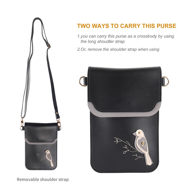 Bolso Universal De La Cartera De La Bolsa De Cuero De La PU Del Modelo Del Pájaro De MUSUBO Con La Correa De Hombro Para El Iphone X / 8 Plus / 7 Más Etc, Tamaño: 18 X 12.7cm - Negro-2