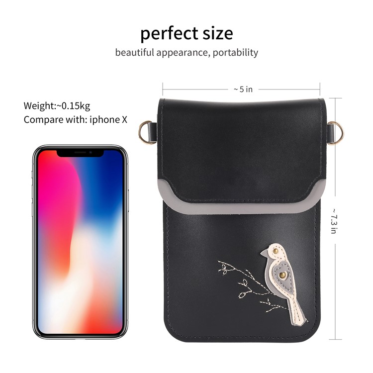 Bolso Universal De La Cartera De La Bolsa De Cuero De La PU Del Modelo Del Pájaro De MUSUBO Con La Correa De Hombro Para El Iphone X / 8 Plus / 7 Más Etc, Tamaño: 18 X 12.7cm - Negro-4
