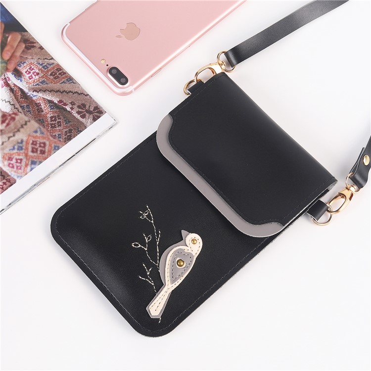 Bolso Universal De La Cartera De La Bolsa De Cuero De La PU Del Modelo Del Pájaro De MUSUBO Con La Correa De Hombro Para El Iphone X / 8 Plus / 7 Más Etc, Tamaño: 18 X 12.7cm - Negro-7