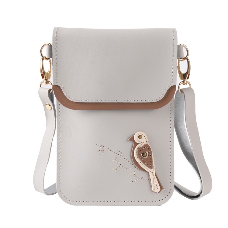 MUSUBO Bird Pattern Universal PU Leather Wallet Pouch for iPhone X/8 Plus/7 Plus etc, Size: 18 x 12.7cm - Grey-1