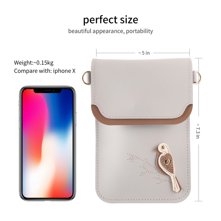MUSUBO Bird Pattern Universal PU Leather Wallet Pouch for iPhone X/8 Plus/7 Plus etc, Size: 18 x 12.7cm - Grey-4