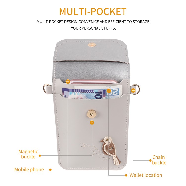 MUSUBO Bird Pattern Universal PU Leather Wallet Pouch for iPhone X/8 Plus/7 Plus etc, Size: 18 x 12.7cm - Grey-6