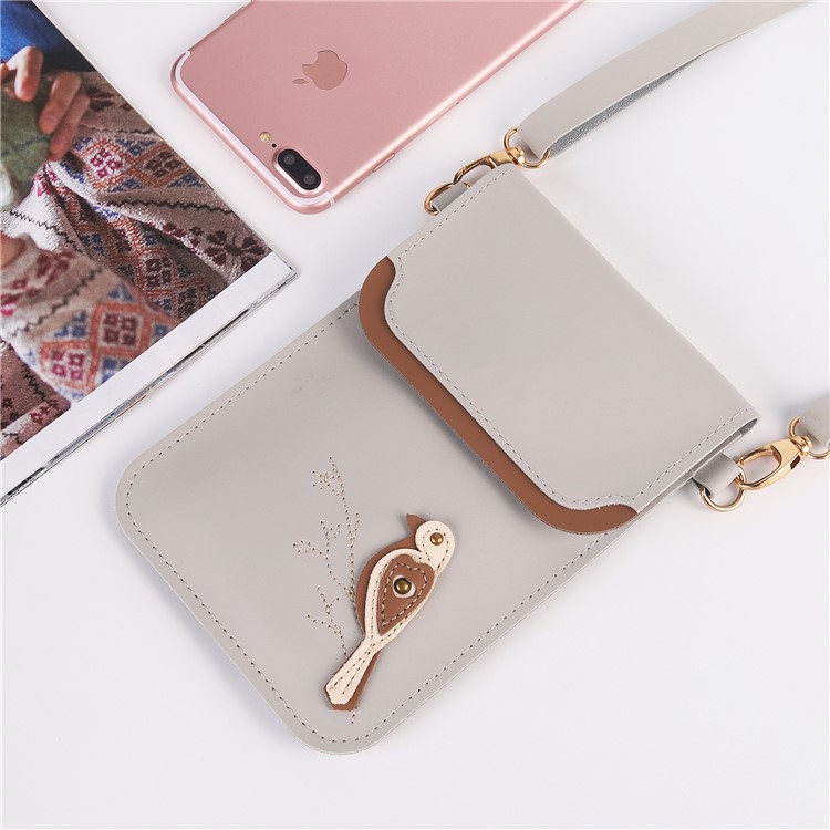 MUSUBO Bird Pattern Universal PU Leather Wallet Pouch for iPhone X/8 Plus/7 Plus etc, Size: 18 x 12.7cm - Grey-7