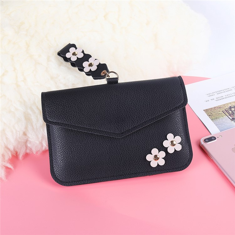 MUSUBO Universal Flower Design Leather Pouch Handbag for iPhone X/Huawei Mate 10, Size: 7.5'' x 5'' - Black-1