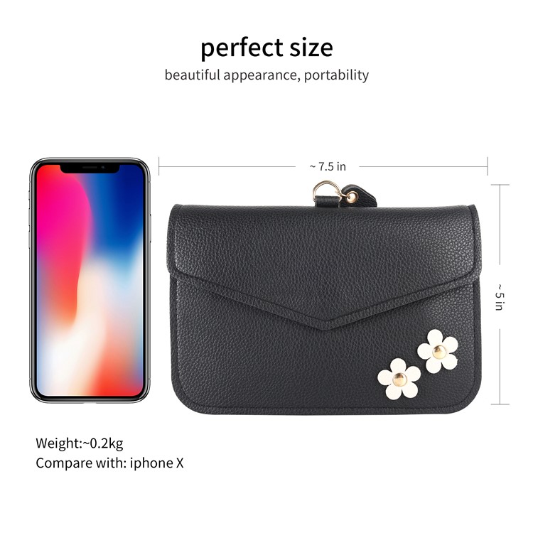 MUSUBO Universal Flower Design Leather Pouch Handbag for iPhone X/Huawei Mate 10, Size: 7.5'' x 5'' - Black-2