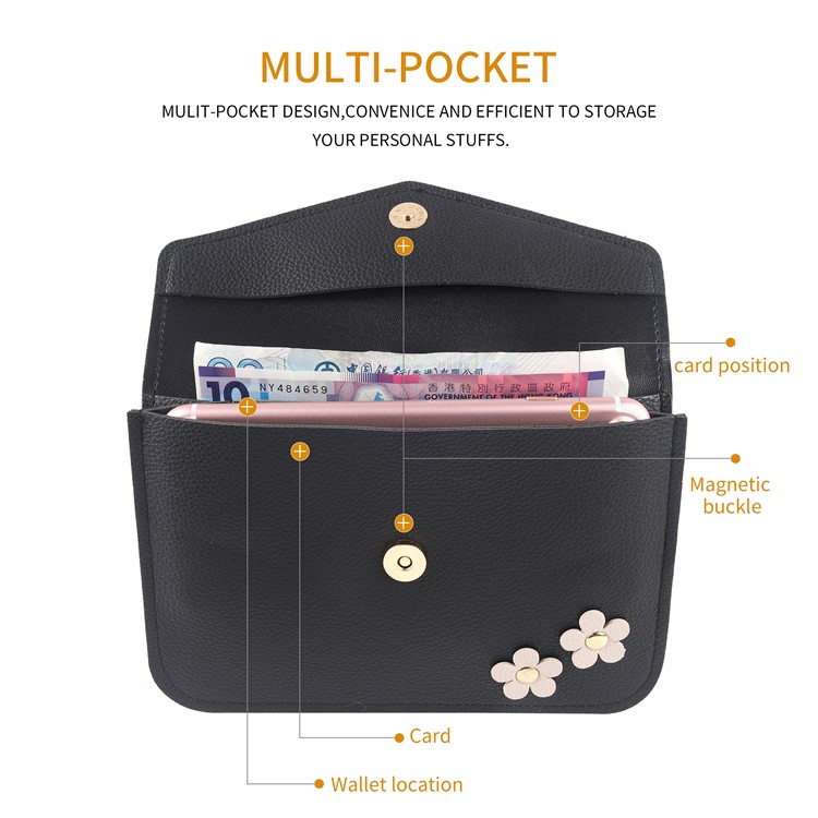 MUSUBO Universal Flower Design Leather Pouch Handbag for iPhone X/Huawei Mate 10, Size: 7.5'' x 5'' - Black-5