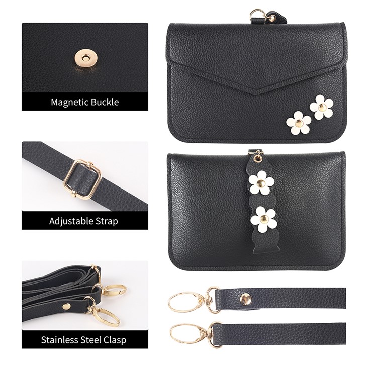 MUSUBO Universal Flower Design Leather Pouch Handbag for iPhone X/Huawei Mate 10, Size: 7.5'' x 5'' - Black-9