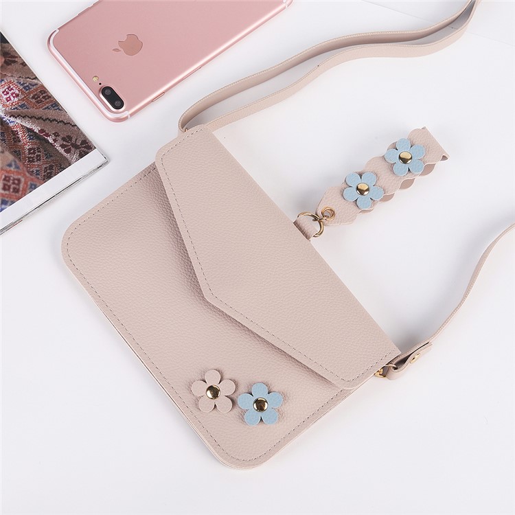 MUSUBO Universal Flower Design Leather Wallet Shoulder Bag for iPhone X/Huawei Mate 10, Size: 7.5'' x 5'' - Beige-5