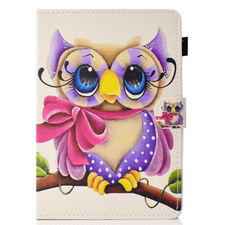 Impression de Motif Carie de Support en Cuir PU Universel Avec Fentes de Carte Pour Tablette PC de 7 Pouces - Hibou Avec Bowknot