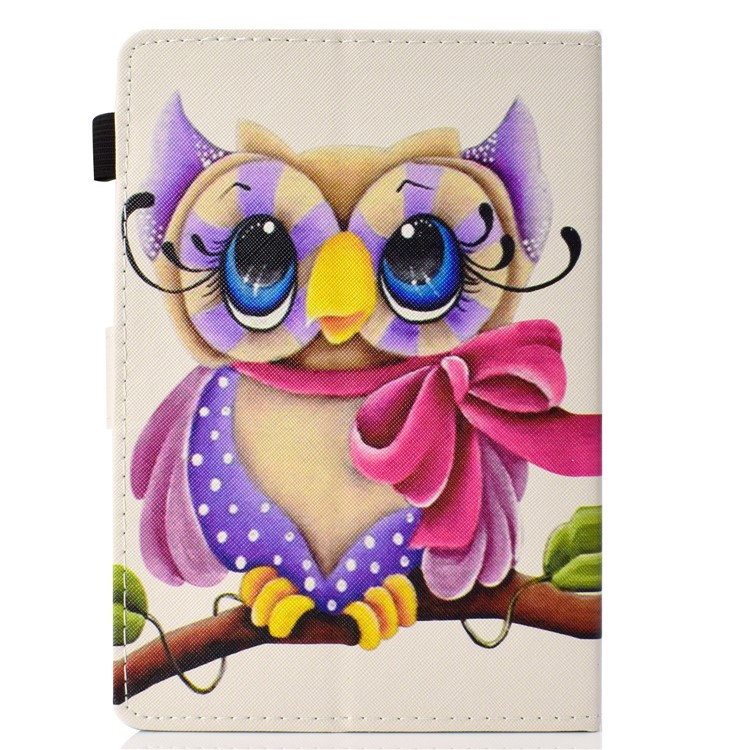 Impression de Motif Carie de Support en Cuir PU Universel Avec Fentes de Carte Pour Tablette PC de 7 Pouces - Hibou Avec Bowknot