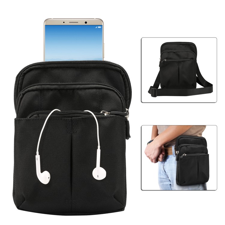 3 Reißverschlusstaschen Männer Taille Tasche Schulter Umhängetasche, Max Größe: 14x19x3.5cm - Schwarz-1