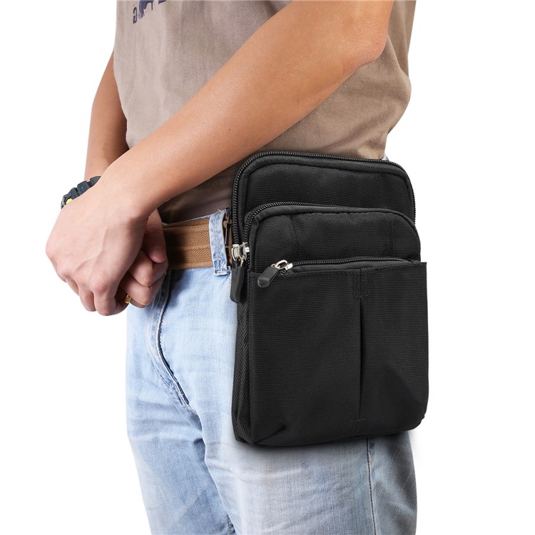 3 Bolsillos Con Cremallera Bolsa De Cintura Para Hombres Bolsa De Mensajero De Hombro, Tamaño Máximo: 14x19x3.5cm - Negro