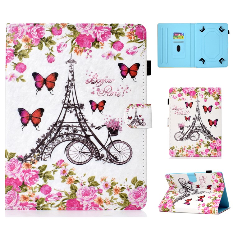 Universal Estampados De 8 Polegadas PU Estande De Couro Caso Tablet Para Huawei Mediapad T3 8.0 / ipad mini 5 etc - Torre Eiffel E Flor-1