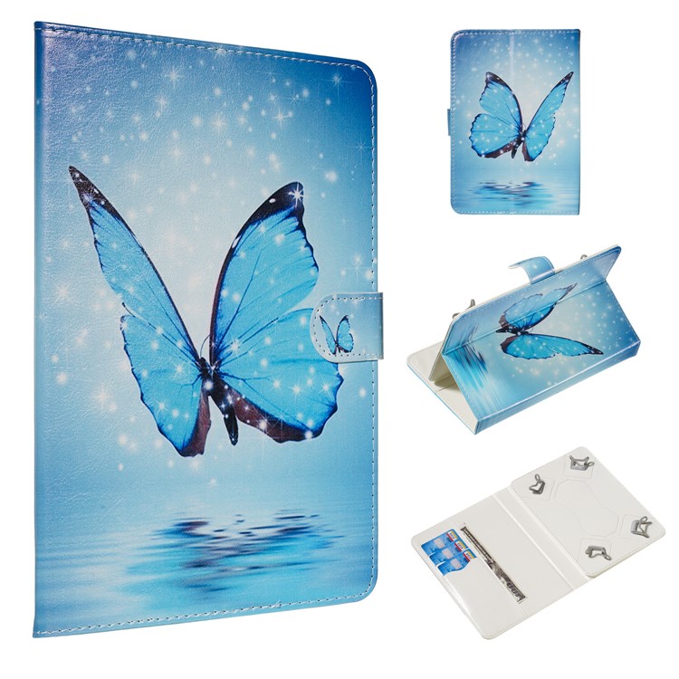 Pattern Printing Universal Leather Wallet Case for 10-inch Tablet PC - Blue Butterfly-1