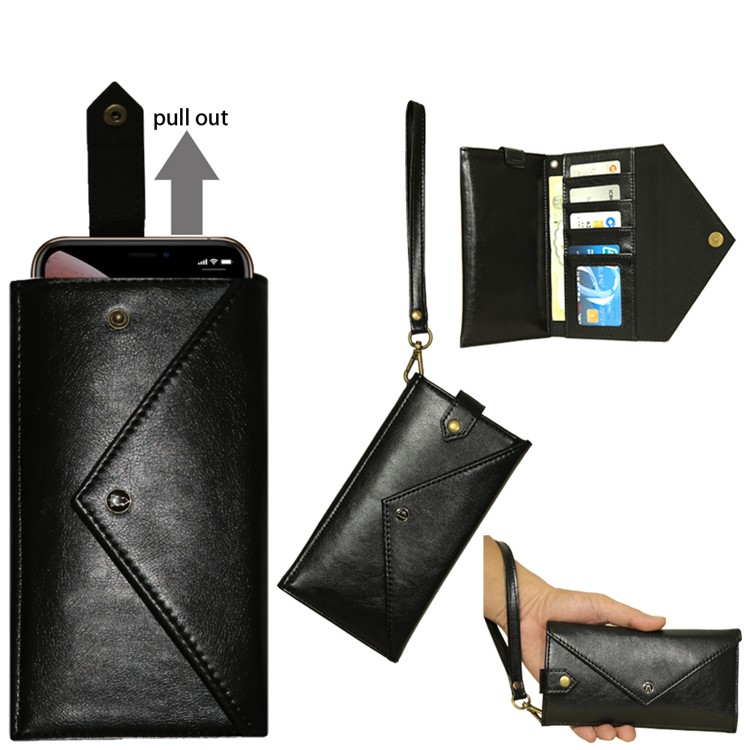 Envelope-shaped PU Leather Wallet Phone Bag Case for 6.5-7.2 inch Smartphones - Black-1