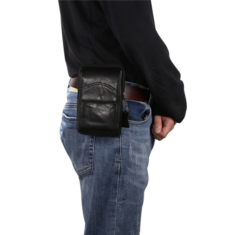 Universal Genuine Leather Hanging Waist Bag Phone Pouch Men Side Bag Shoulder Bag for 6.5-inch Smartphones - Black, S-14