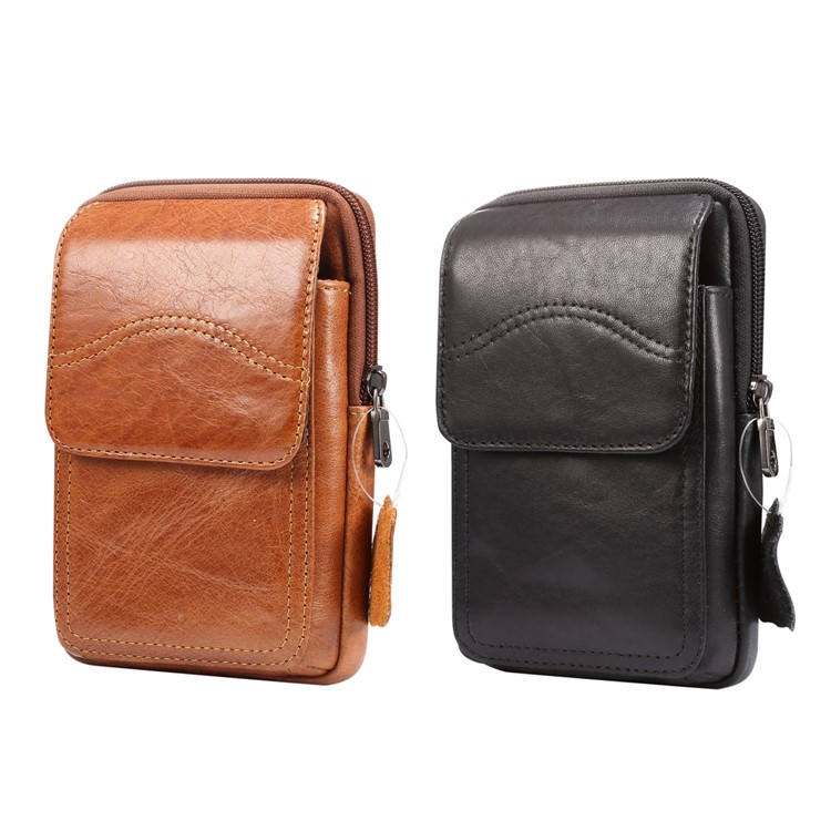 Universal Genuine Leather Hanging Waist Bag Phone Pouch Men Side Bag Shoulder Bag for 6.5-inch Smartphones - Black, S-20