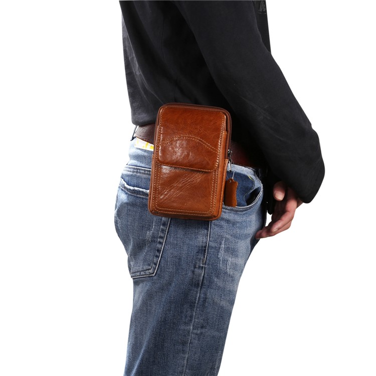 Genuíno Couro De Suspensão Bolsa De Cintura Bolsa De Telefone Homens Universais Bolsa De Ombro Lateral Para Smartphones De 6,5 Polegadas - Brown, S-16