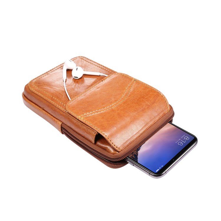 Universal Genuine Leather Hanging Waist Bag Phone Pouch Men Side Bag Shoulder Bag for 6.9-inch Smartphones - Brown, L-9