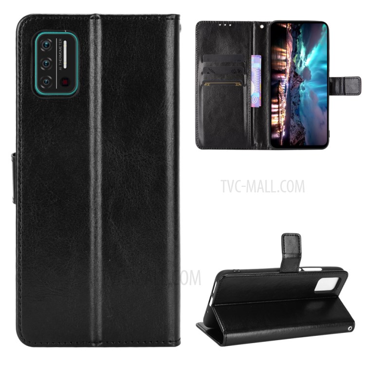 Crazy Horse Skin Leather Phone Wallet Stand Cover Shell with Lanyard for Umidigi A7S - Black-1