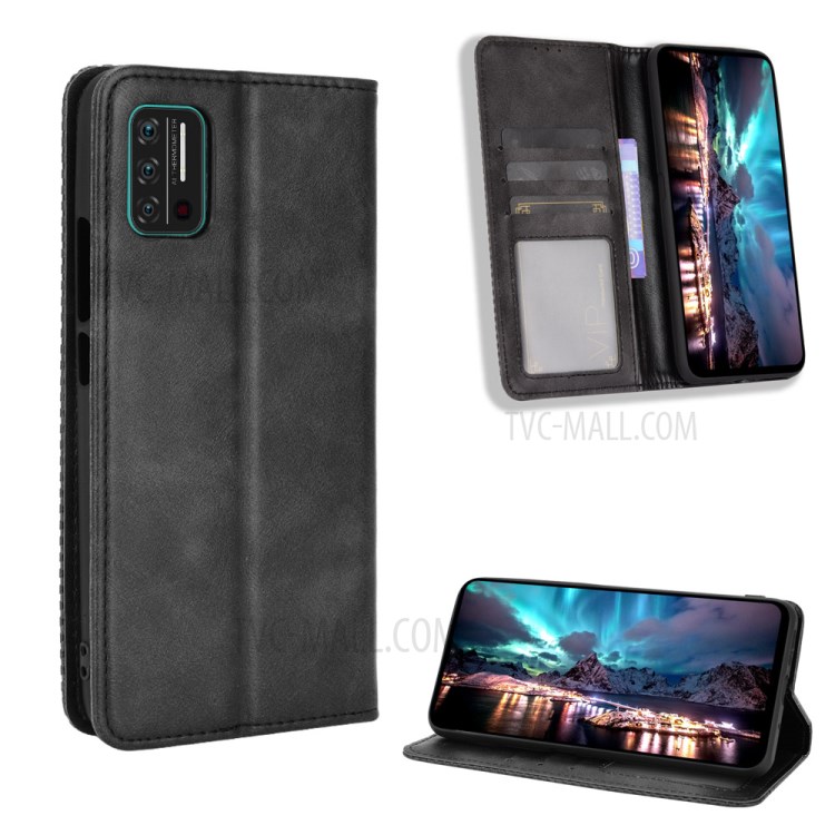 Magnetic Vintage Style Wallet Stand Phone Case Cover for Umidigi A7S - Black-1