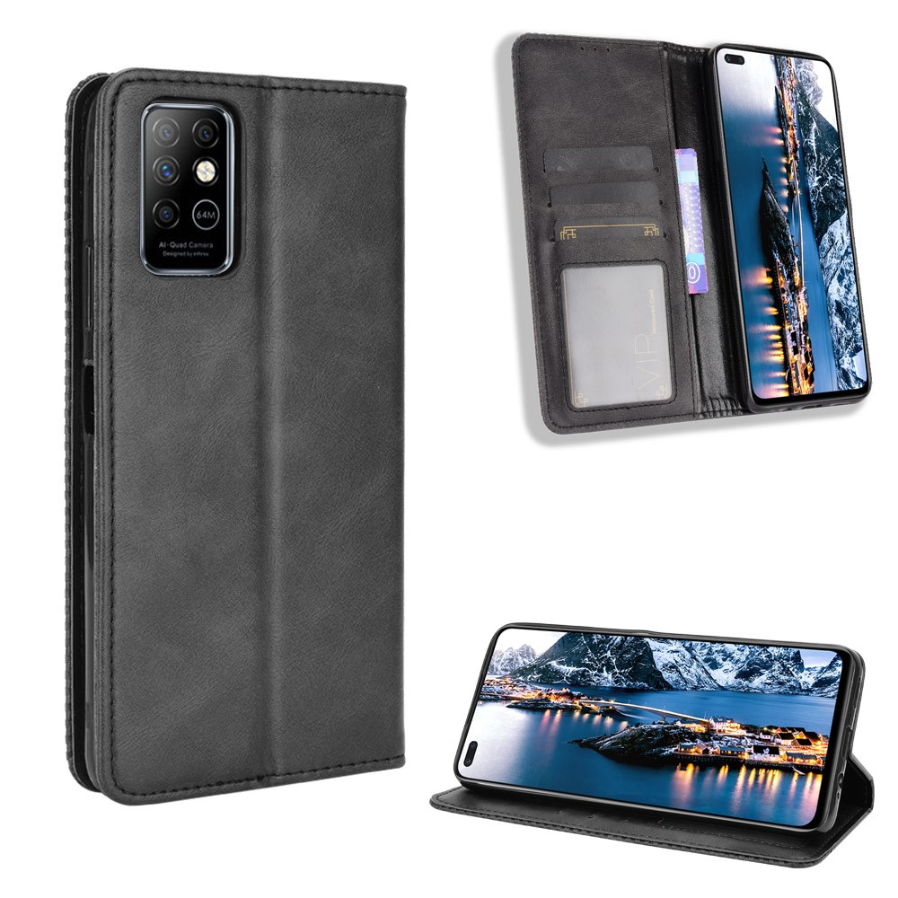 Magnetic Vintage Style Wallet Stand Phone Case Cover for Infinix Note 8/X692 - Black-1
