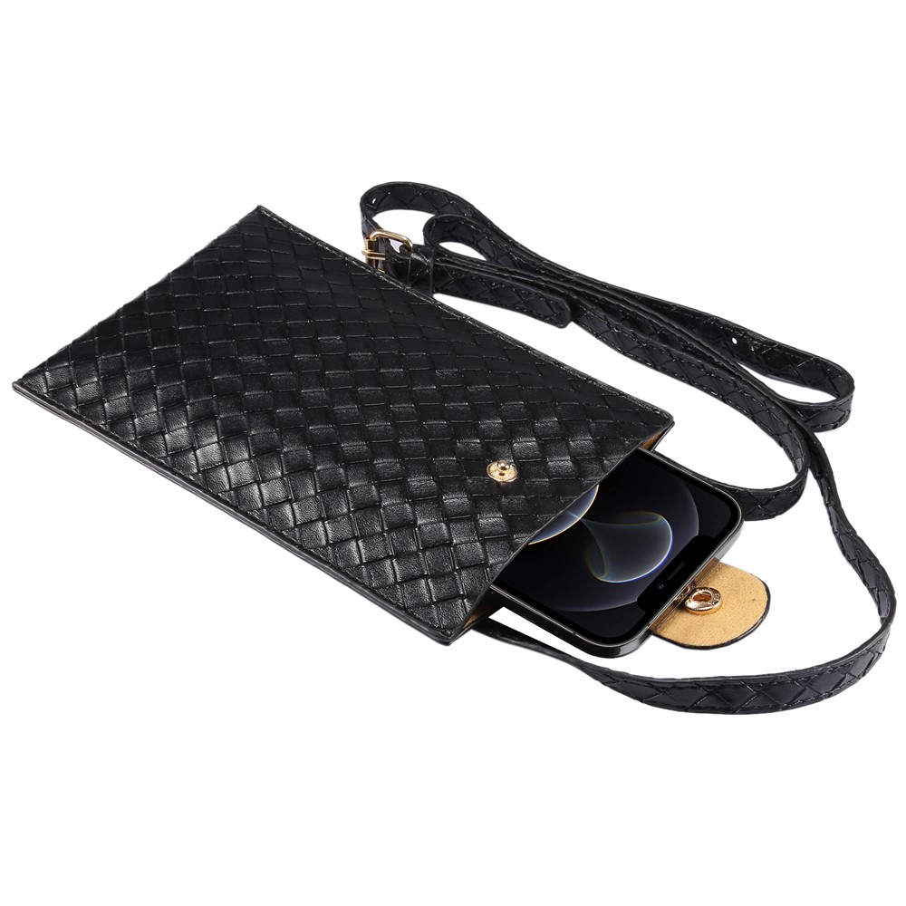 Woven Design Leather Pouch Case with Detachable Shoulder Strap, Size: 185x120mm - Black-2