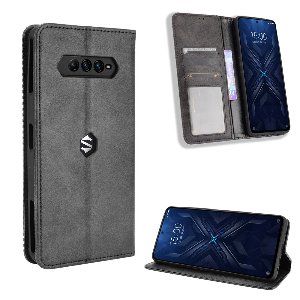 Magnetic Closure Vintage Style Phone Case Wallet Stand Leather Cover for Xiaomi Black Shark 4 Pro / Black Shark 4 - Black-8