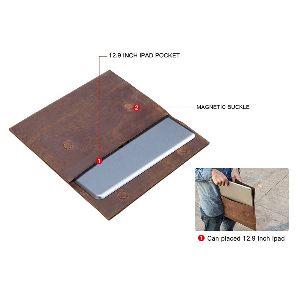 CONTACTS FAMILY Genuine Leather Tablet Protective Sleeve Case for iPad Pro 12.9-inch 2021/2020/2018/2017 - Coffee-6