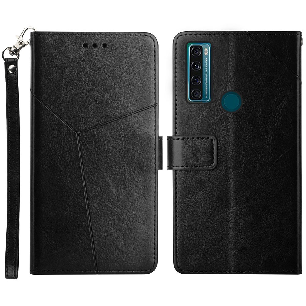 Quality PU Leather Phone Cover Stylish Y-shaped Line Imprinting Wallet Shell Stand Case for TCL 20 SE - Black-1