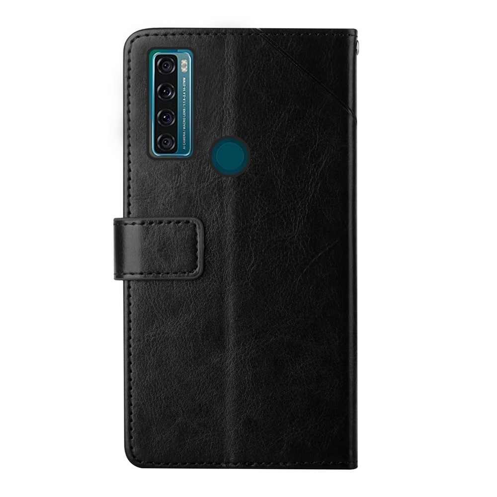 Quality PU Leather Phone Cover Stylish Y-shaped Line Imprinting Wallet Shell Stand Case for TCL 20 SE - Black-10