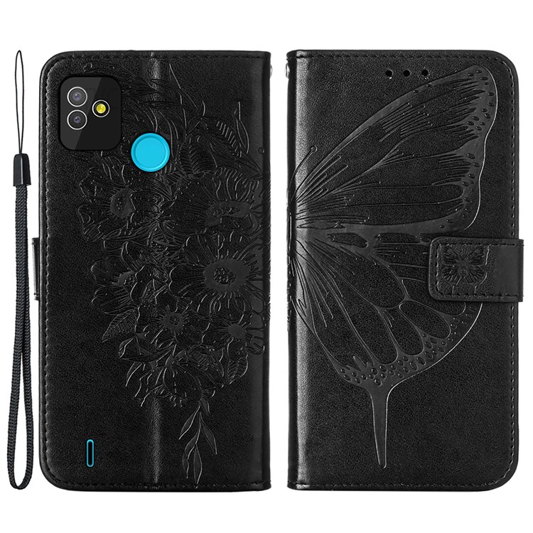Flip Stand Imprinted Butterfly Flower Pattern PU Leather Wallet Dual-sided Magnetic Clasp Case with Strap for Tecno Pop 5 - Black-1