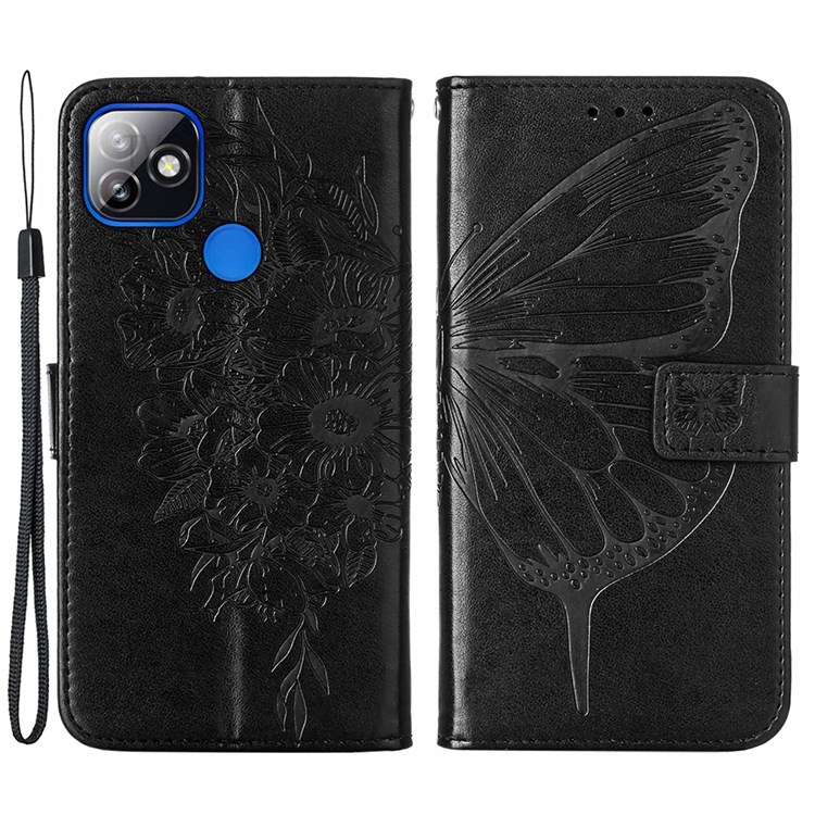 Dual-sided Magnetic Clasp Imprinted Butterfly Flower Pattern Flip PU Leather Wallet Stand Case with Strap for Infinix Itel P36 - Black-1