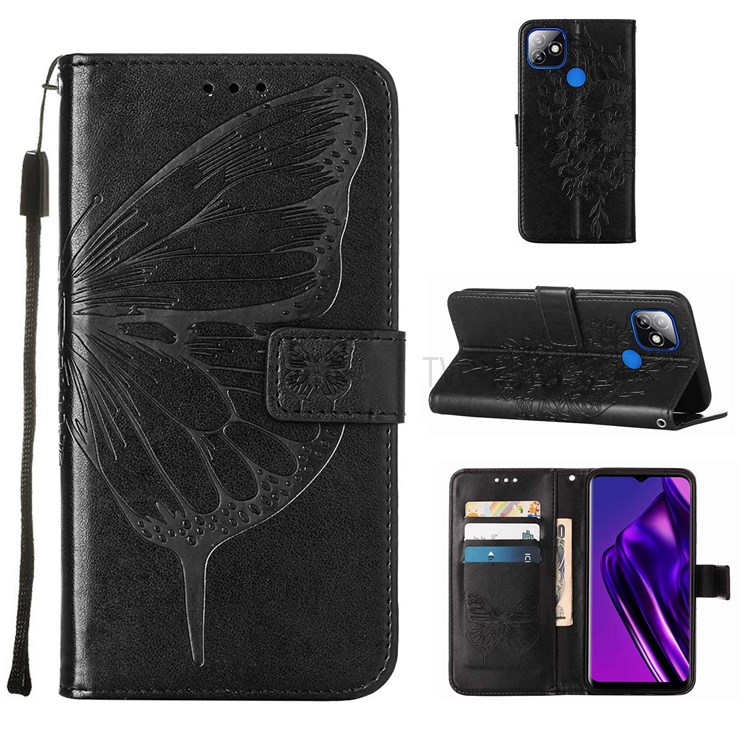 Dual-sided Magnetic Clasp Imprinted Butterfly Flower Pattern Flip PU Leather Wallet Stand Case with Strap for Infinix Itel P36 - Black-9