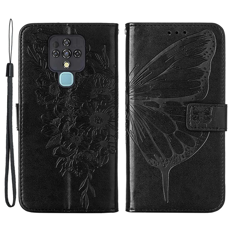 Collision Buffer Butterfly Flower Pattern Imprinted PU Leather Wallet Stand Flip Protective Case with Strap for Tecno Camon 16 - Black-1