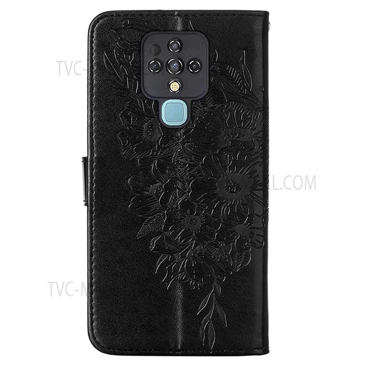 Collision Buffer Butterfly Flower Pattern Imprinted PU Leather Wallet Stand Flip Protective Case with Strap for Tecno Camon 16 - Black-3